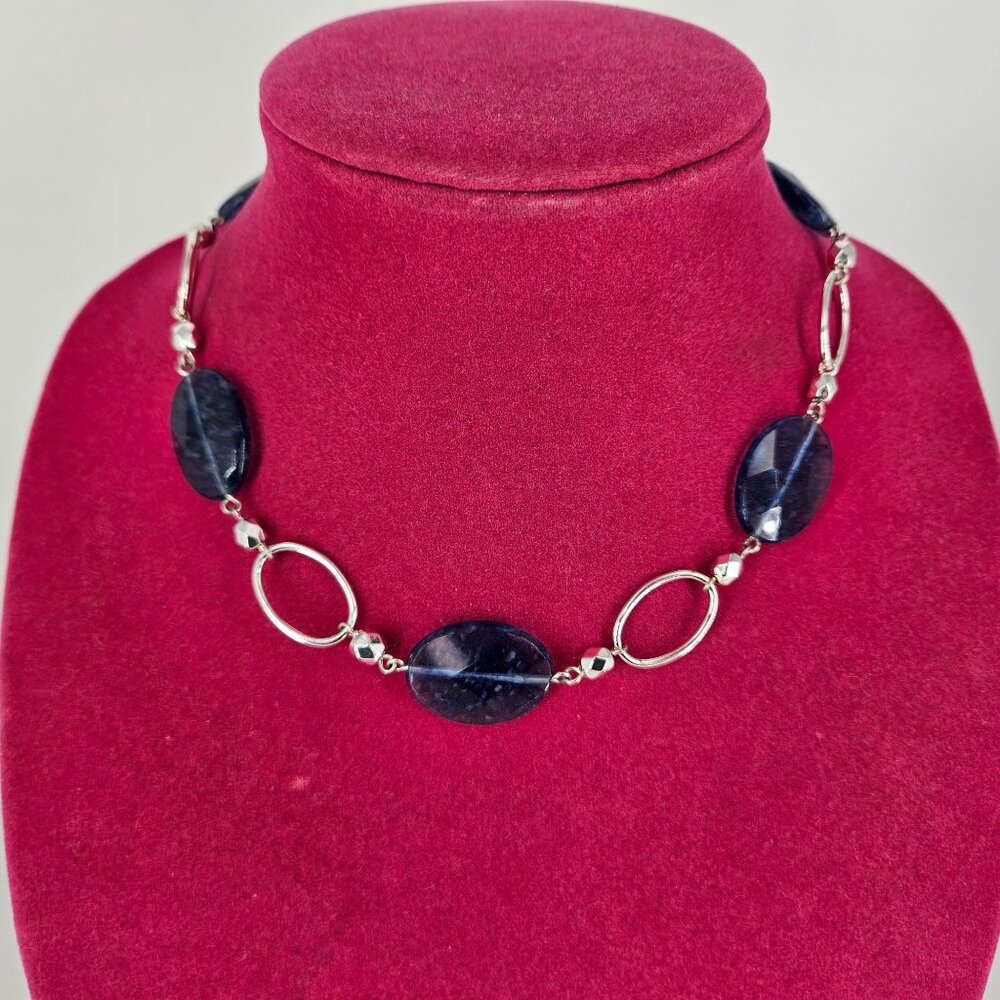 Necklace Blue Silver Toned Chain Glass Bead Light Circle Fashion Costume 16" NEW - Picture 5 of 8